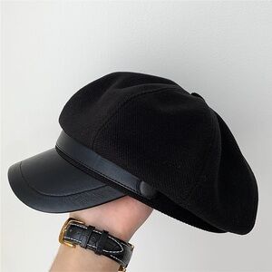 Women’s Black Leather Brim Newsboy Beret French Cap O/S NWOT